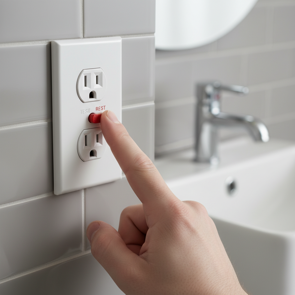 Hand pressing the reset button on a white GFCI outlet in a bathroom.