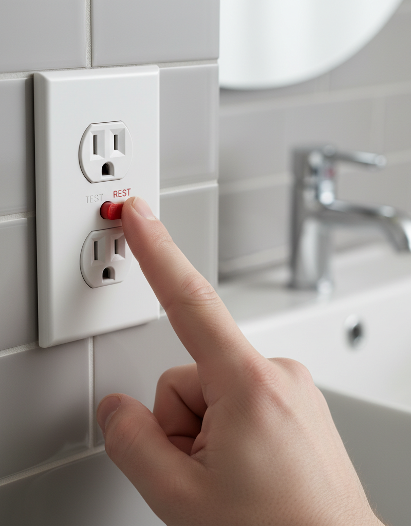 Hand pressing the reset button on a white GFCI outlet in a bathroom.