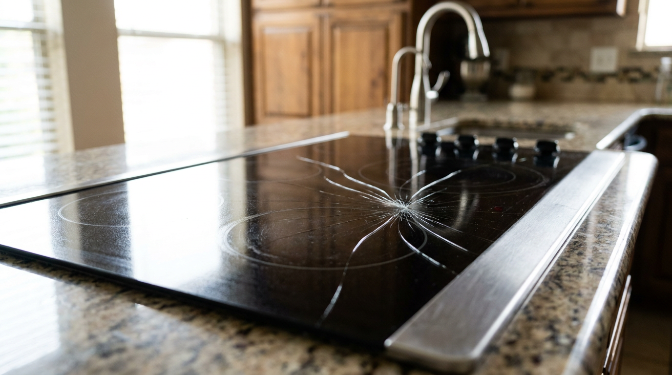 A cracked black glass cooktop with a large spiderweb fracture over a burner element.