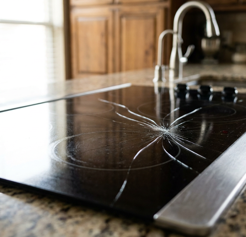 A cracked black glass cooktop with a large spiderweb fracture over a burner element.