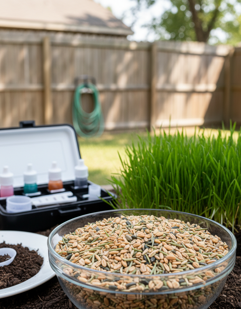 Assortment of grass seeds, soil test kit, and healthy new grass sprouts.