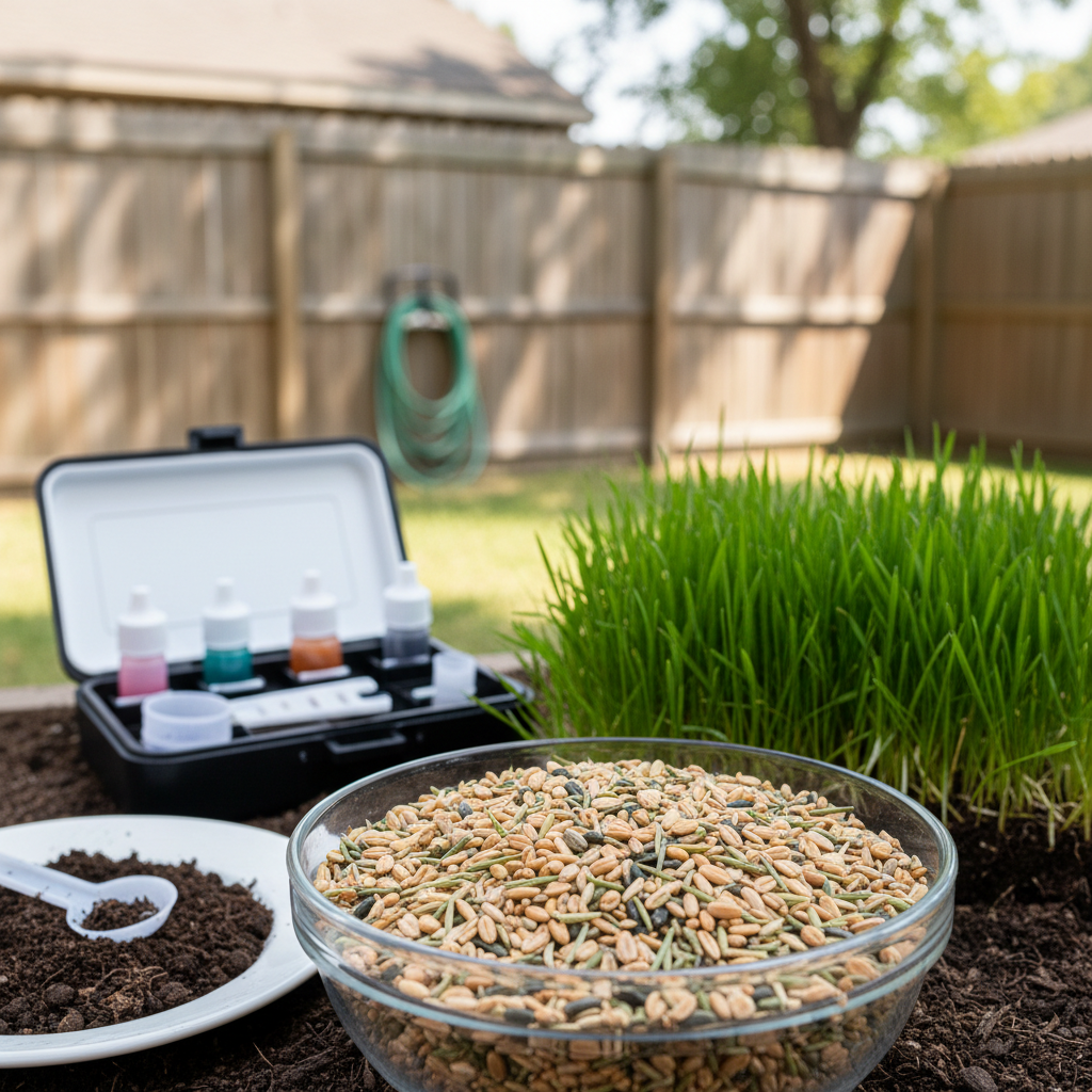 Assortment of grass seeds, soil test kit, and healthy new grass sprouts.