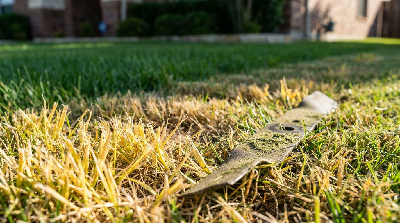 Close-up view of freshly cut lawn with frayed, yellowed grass tips after mowing