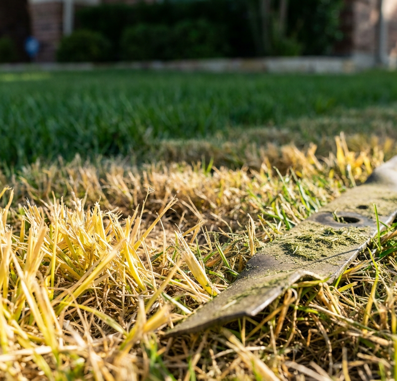 Close-up view of freshly cut lawn with frayed, yellowed grass tips after mowing