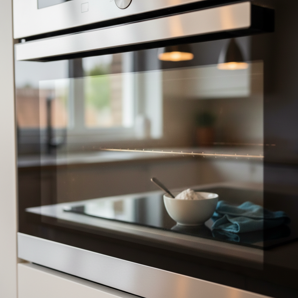 Sparkling clean oven door glass after cleaning, with a bowl of baking soda paste nearby.