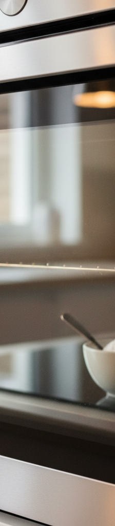 Sparkling clean oven door glass after cleaning, with a bowl of baking soda paste nearby.