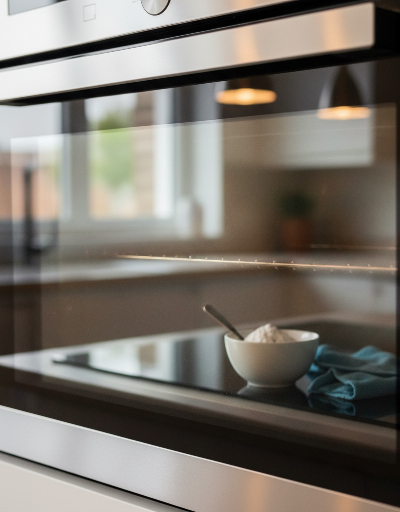 Sparkling clean oven door glass after cleaning, with a bowl of baking soda paste nearby.
