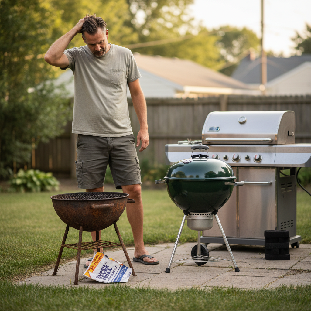 Frustrated homeowner inspects a cheap, rusted grill next to a durable, well-maintained grill, illustrating poor grill buying mistakes.