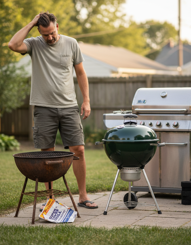 Frustrated homeowner inspects a cheap, rusted grill next to a durable, well-maintained grill, illustrating poor grill buying mistakes.