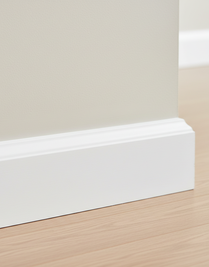Pristine white baseboard along a wall, gleaming after a deep clean