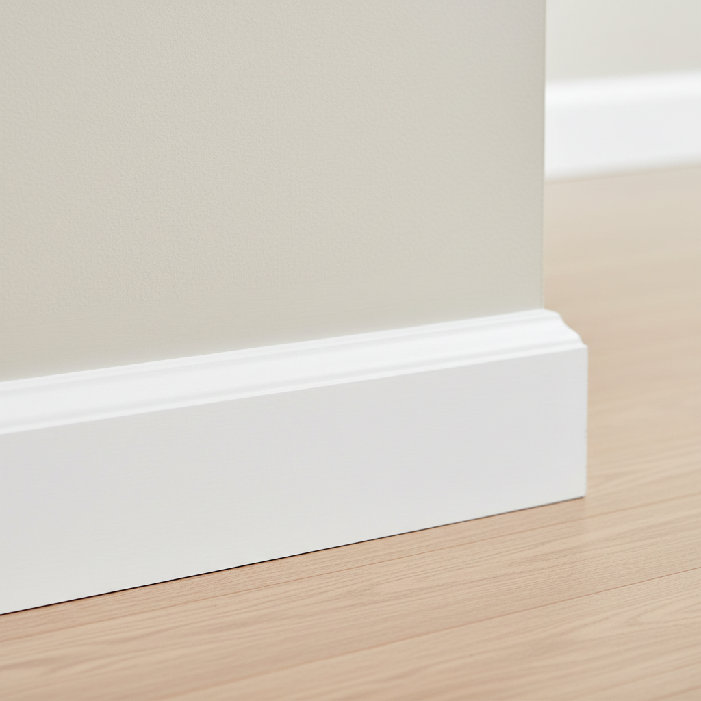 Pristine white baseboard along a wall, gleaming after a deep clean