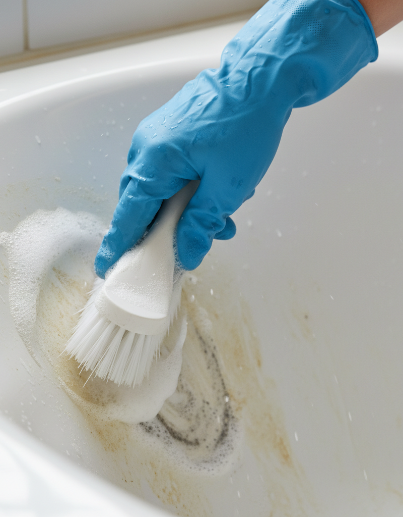 A person in blue rubber gloves scrubbing stubborn grimy film from a white bathtub with a brush and suds.