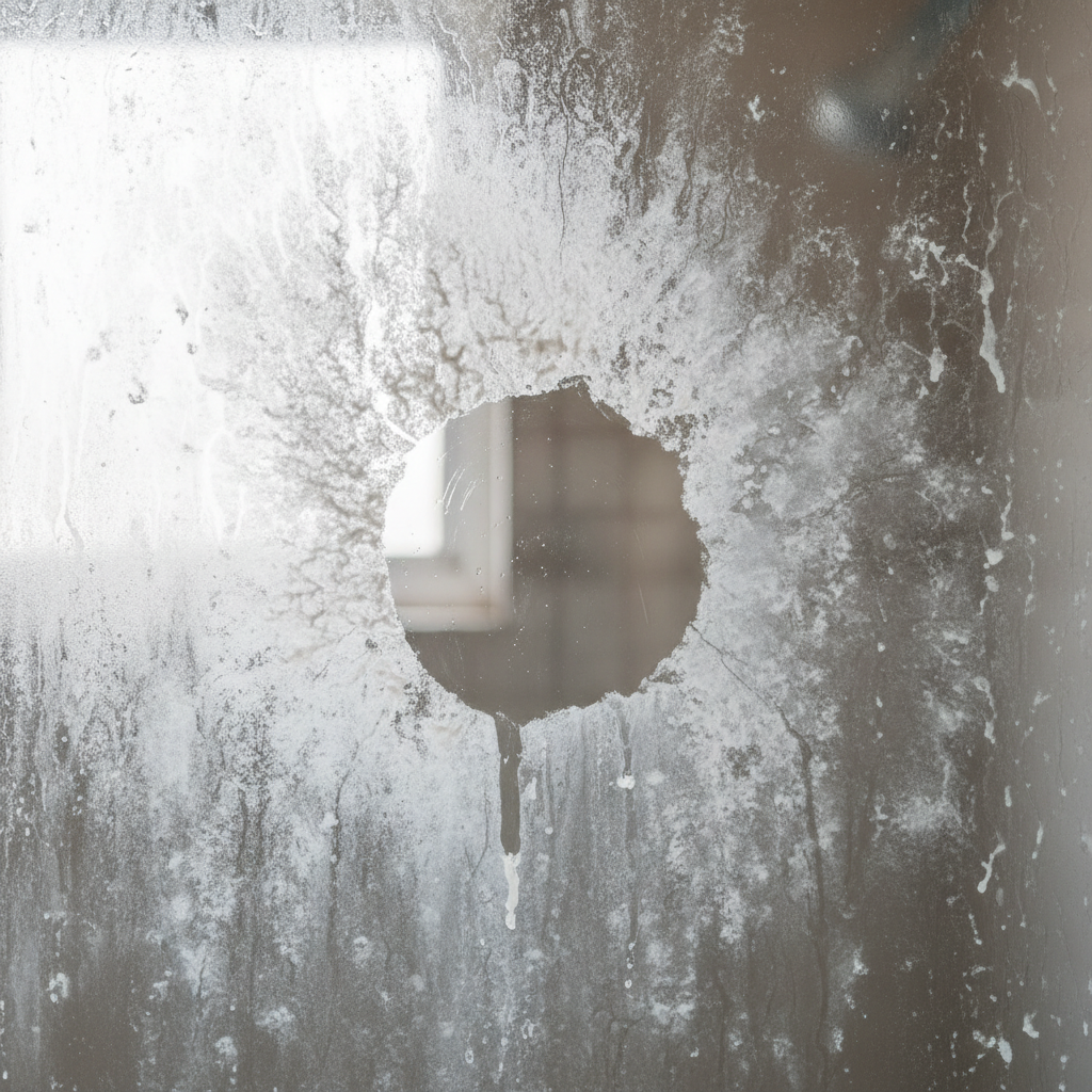 Close-up of a shower door, half covered in cloudy hard water stains, half sparkling clean after treatment.