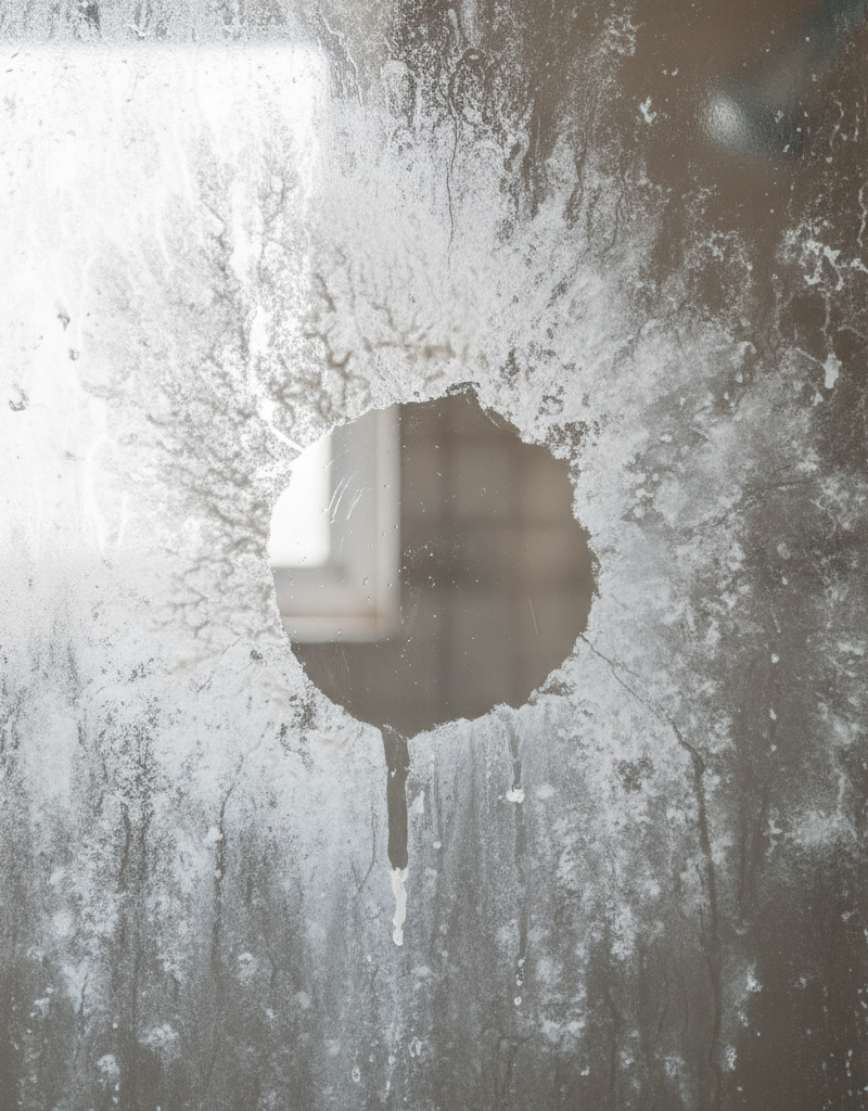 Close-up of a shower door, half covered in cloudy hard water stains, half sparkling clean after treatment.