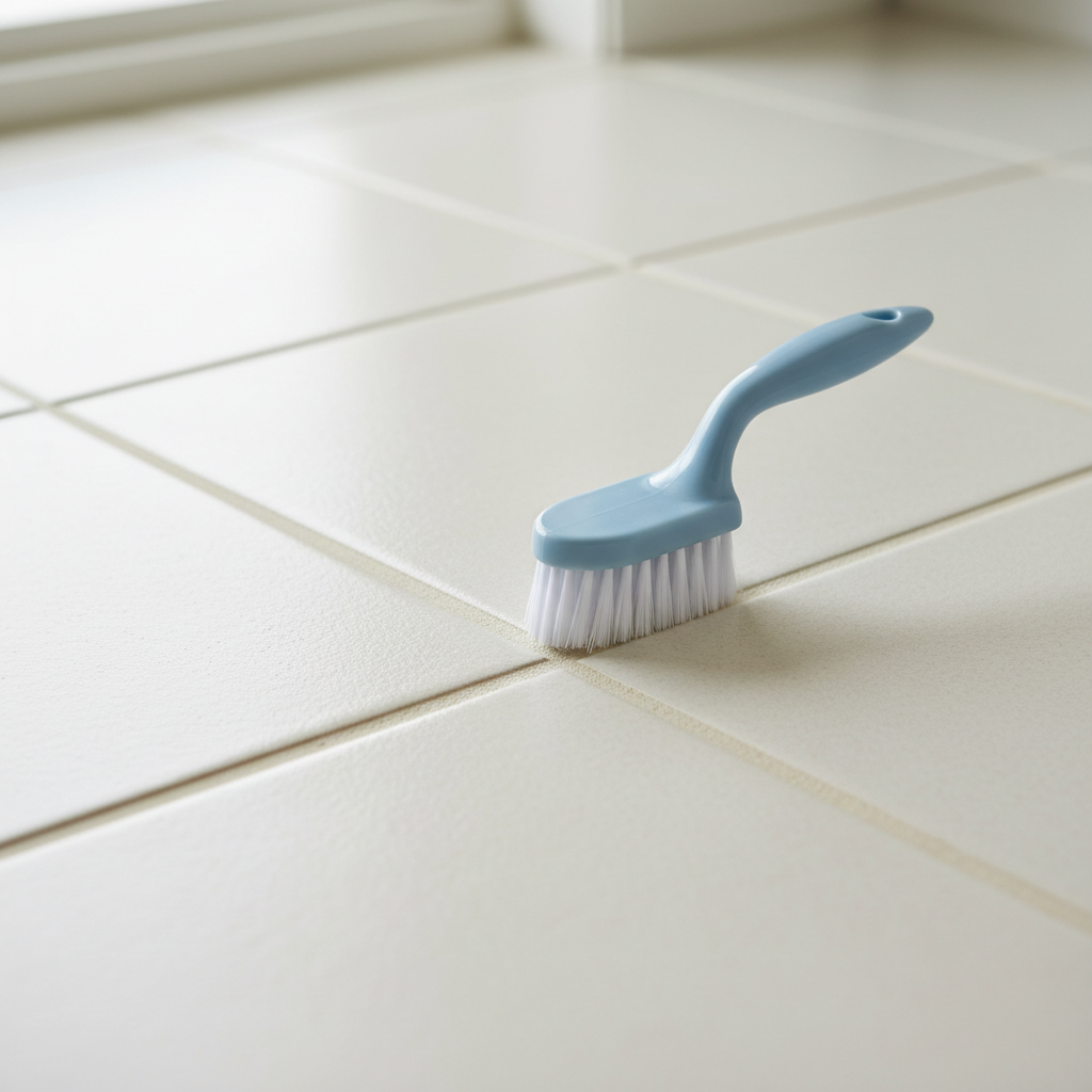 Close-up of sparkling clean grout lines between tiles, with a grout brush