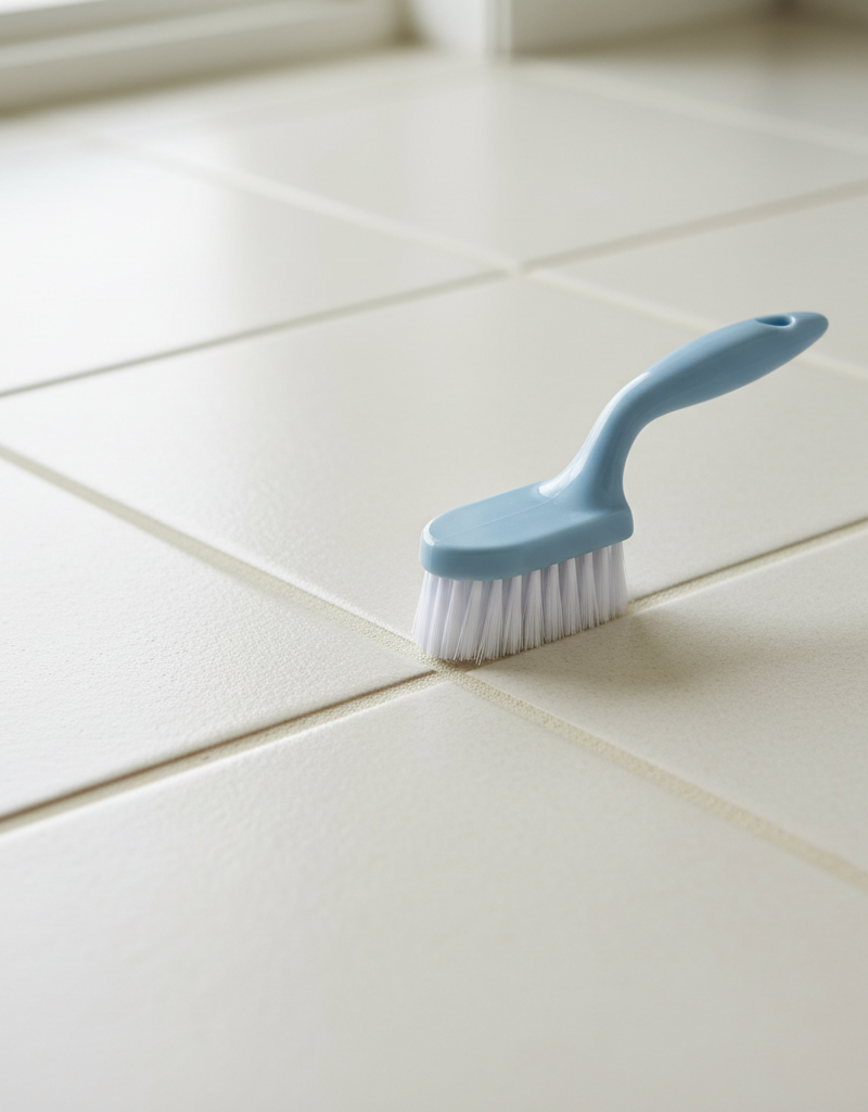 Close-up of sparkling clean grout lines between tiles, with a grout brush