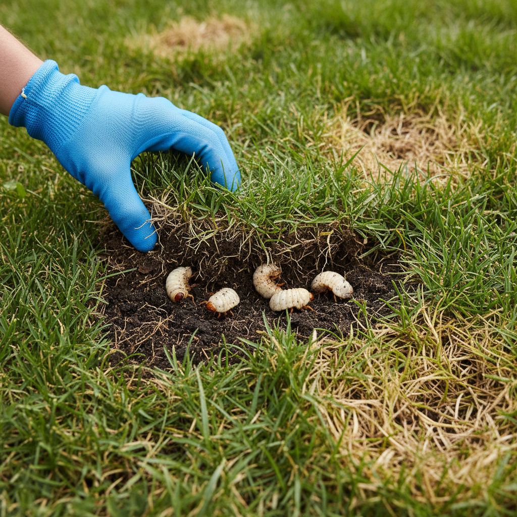 Homeowner revealing white grubs in the soil under a patch of green lawn.