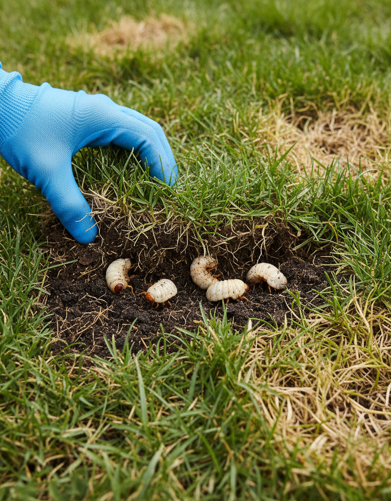 Homeowner revealing white grubs in the soil under a patch of green lawn.