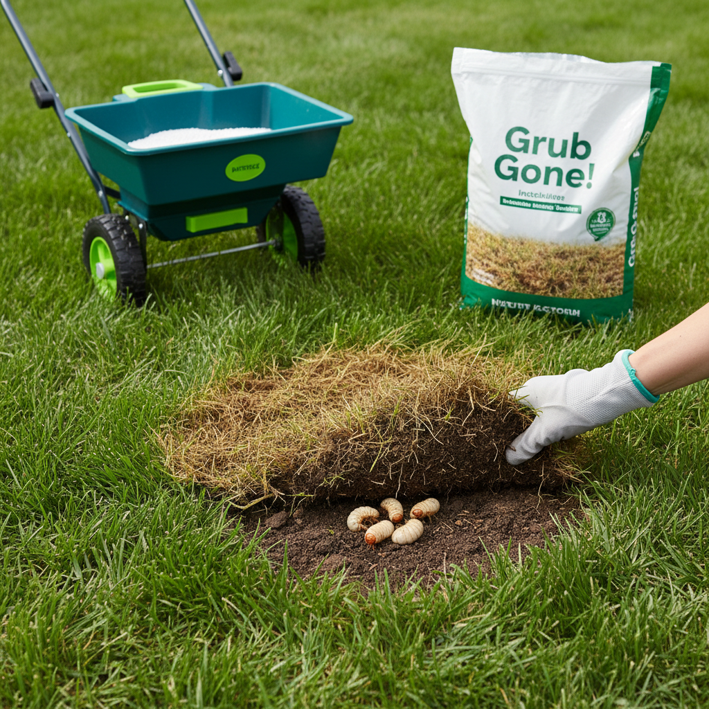 Homeowner revealing white grubs in a brown patch of lawn next to a bag of grub killer and spreader.