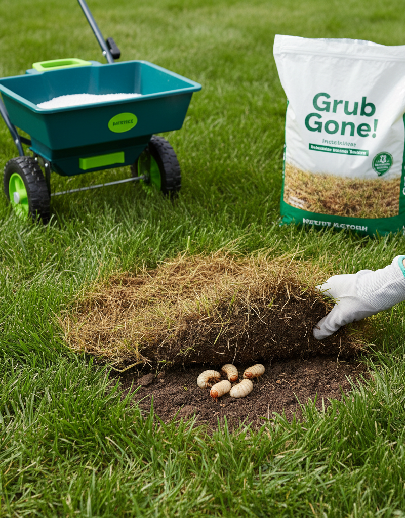 Homeowner revealing white grubs in a brown patch of lawn next to a bag of grub killer and spreader.