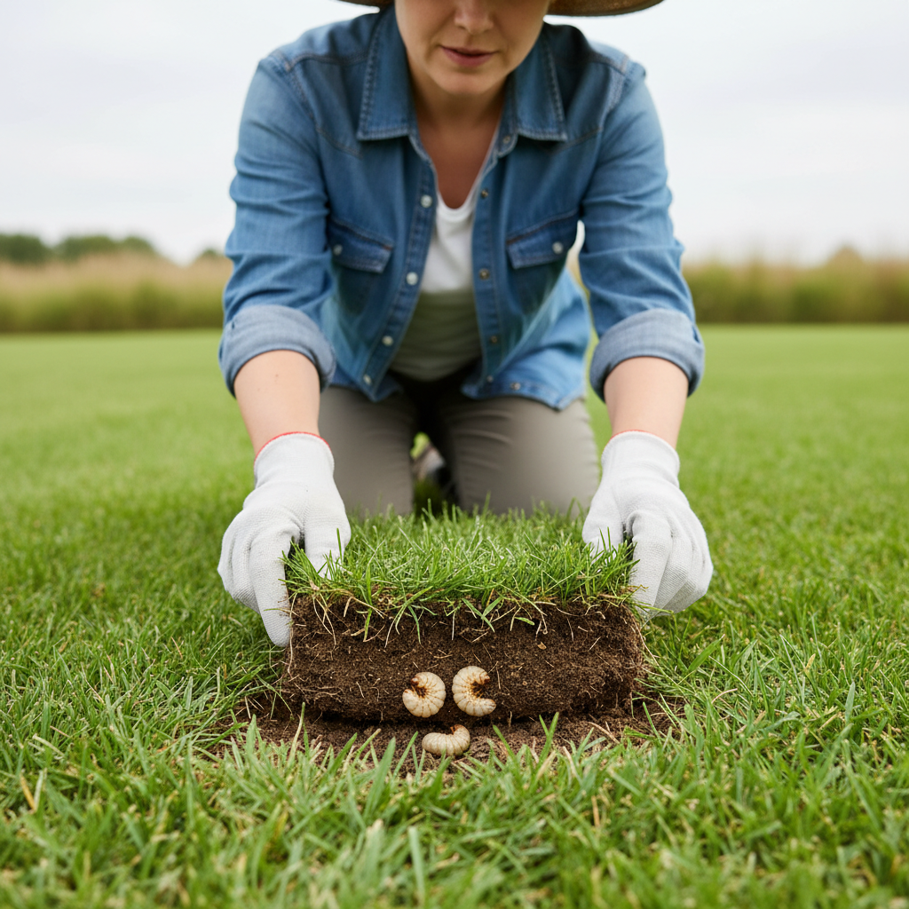 Homeowner examining a lawn for grubs by lifting a patch of damaged grass.