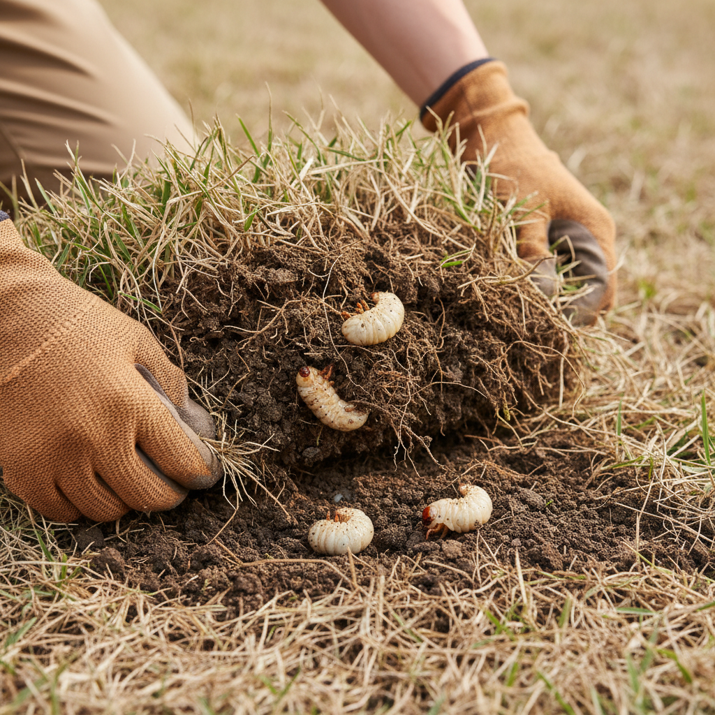 Homeowner inspecting lawn, revealing white grubs under a dead patch of grass.