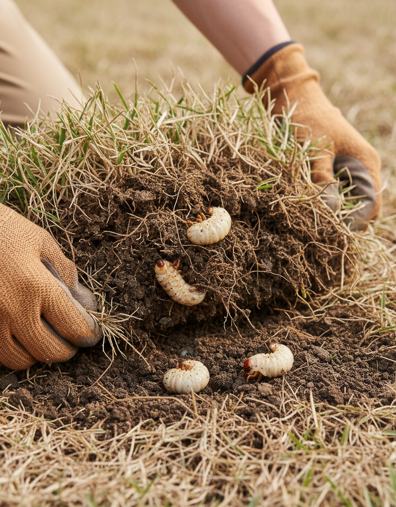 Homeowner inspecting lawn, revealing white grubs under a dead patch of grass.