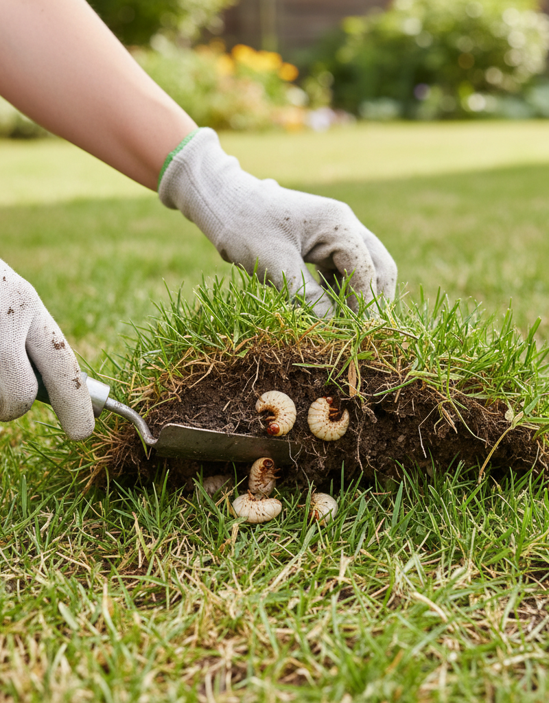 Homeowner inspecting lawn, pulling back dead grass to reveal white grubs eating roots