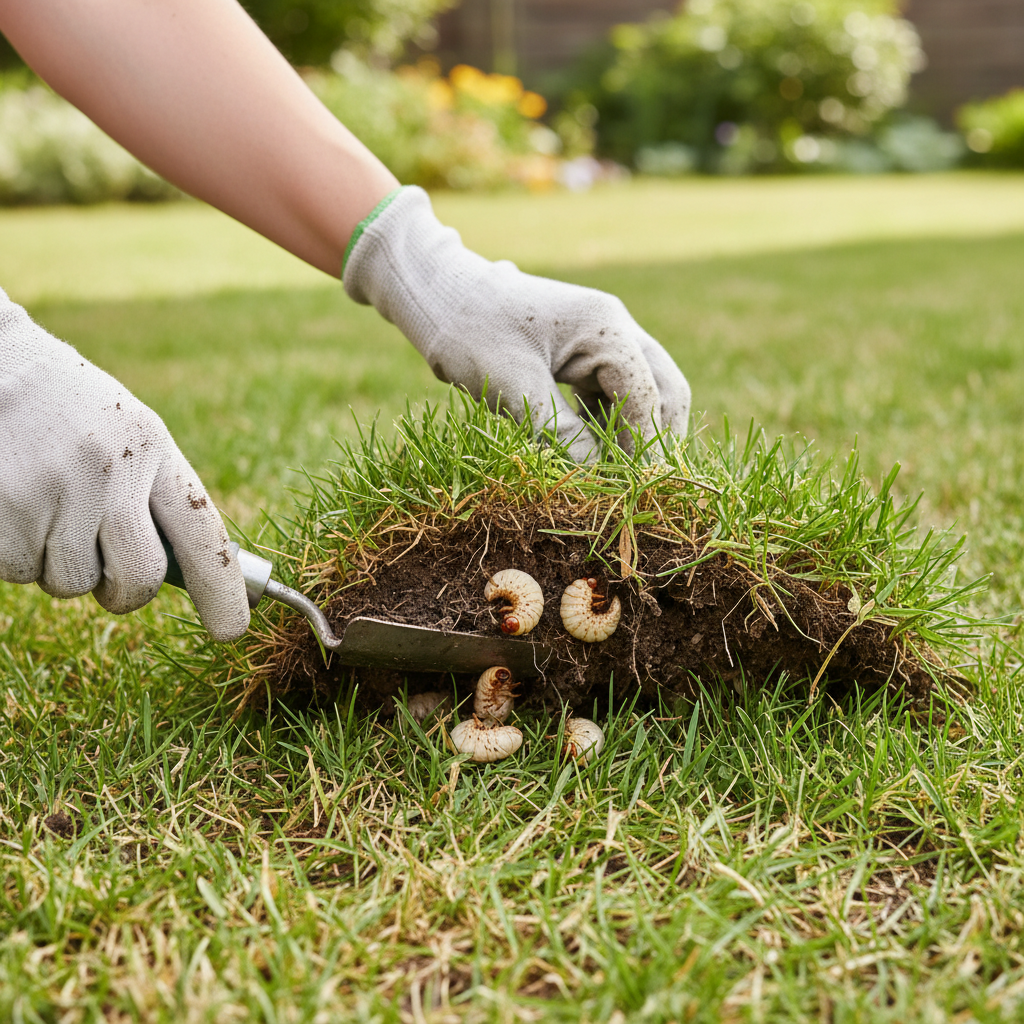 Homeowner inspecting lawn, pulling back dead grass to reveal white grubs eating roots
