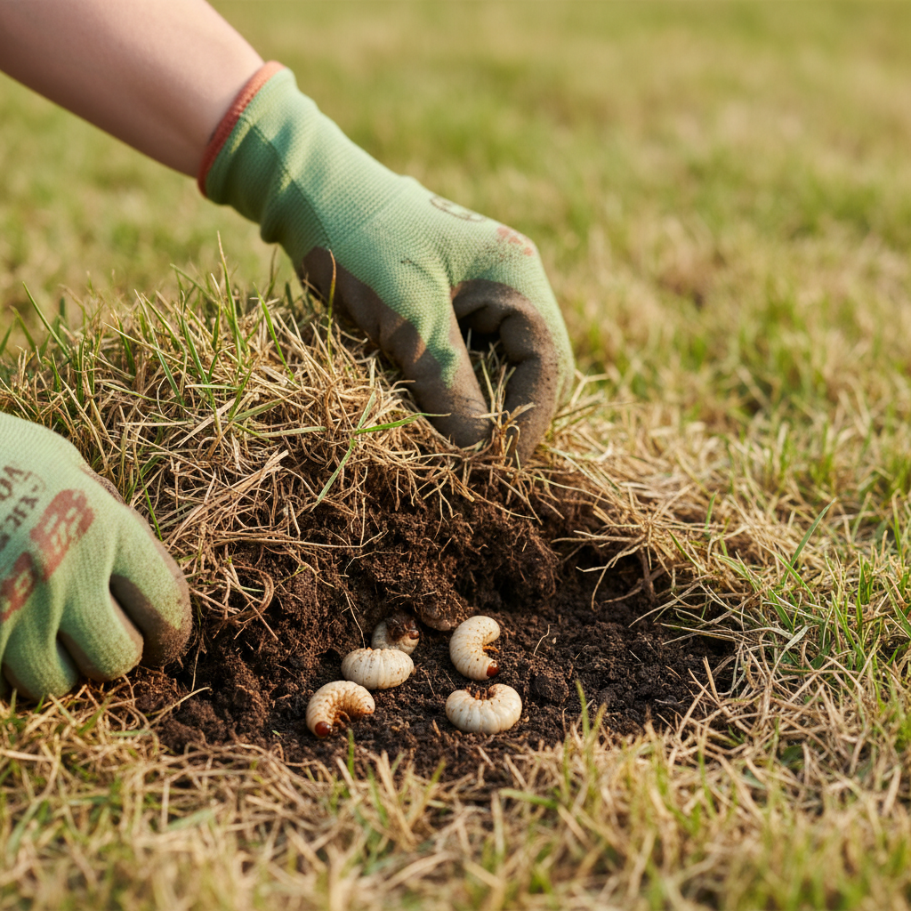 Homeowner inspects lawn, pulling back turf to reveal white grubs in the soil