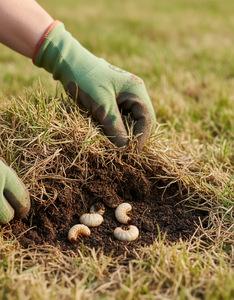 Homeowner inspects lawn, pulling back turf to reveal white grubs in the soil
