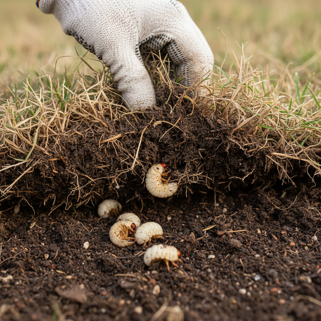 Homeowner revealing white grubs under damaged lawn turf