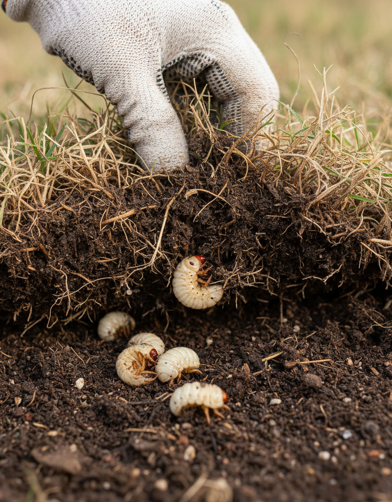 Homeowner revealing white grubs under damaged lawn turf