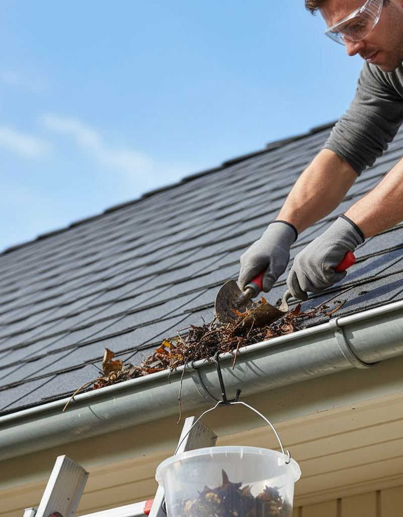 Homeowner cleaning leaves from a rain gutter to prevent roof damage
