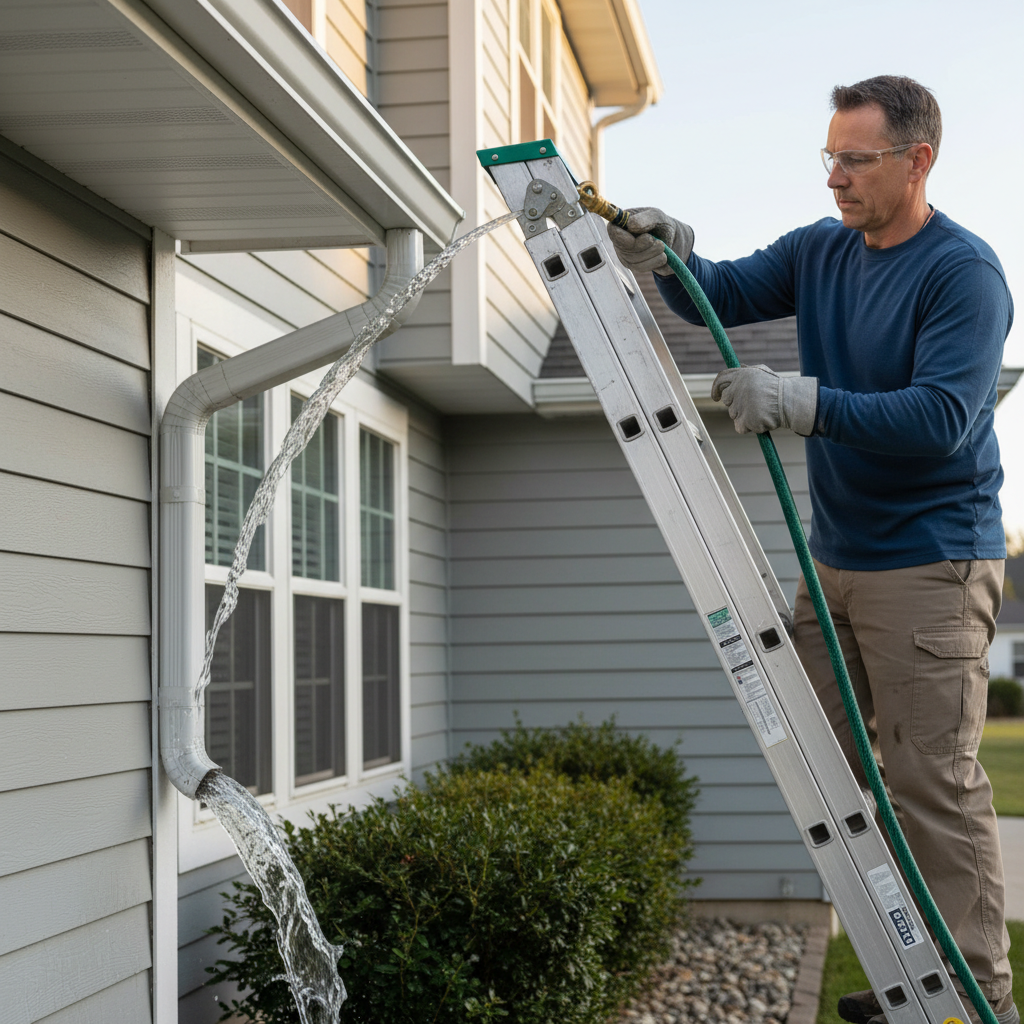 Homeowner flushing a downspout with a hose to clear a clog and prevent roof damage.