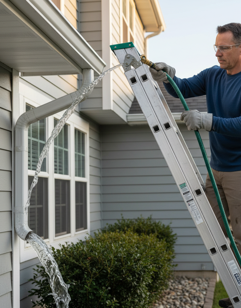 Homeowner flushing a downspout with a hose to clear a clog and prevent roof damage.
