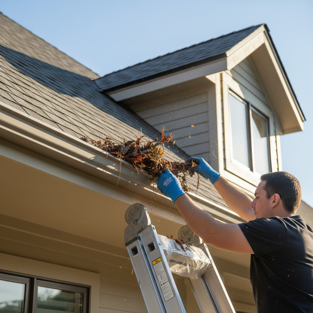 Homeowner on a ladder cleaning leaves from a rain gutter to prevent roof damage