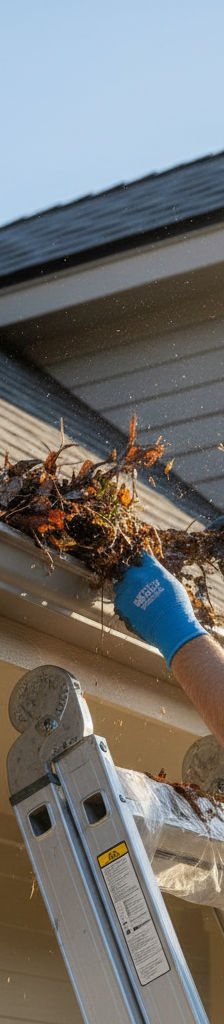 Homeowner on a ladder cleaning leaves from a rain gutter to prevent roof damage