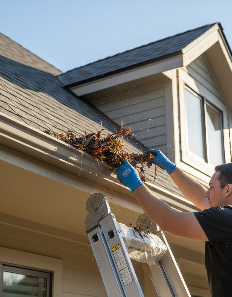 Homeowner on a ladder cleaning leaves from a rain gutter to prevent roof damage