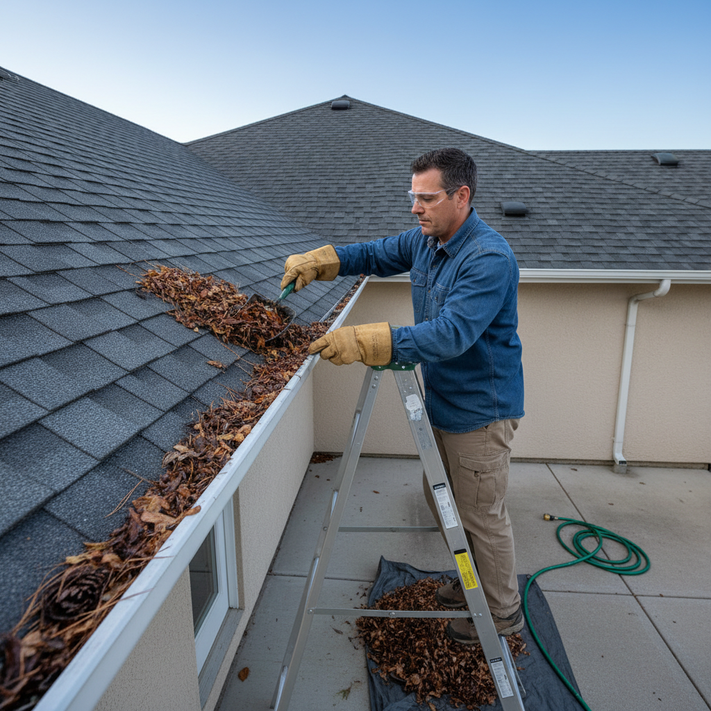 Homeowner on a ladder, safely cleaning a gutter full of leaves and debris.