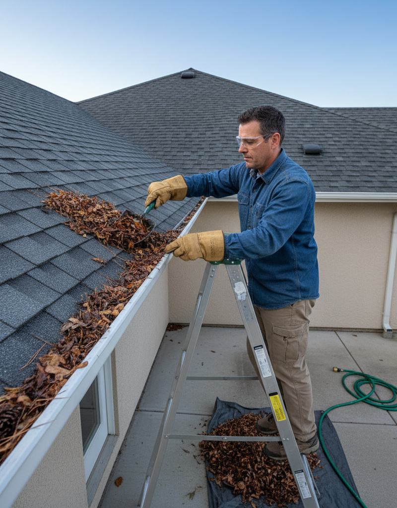Homeowner on a ladder, safely cleaning a gutter full of leaves and debris.
