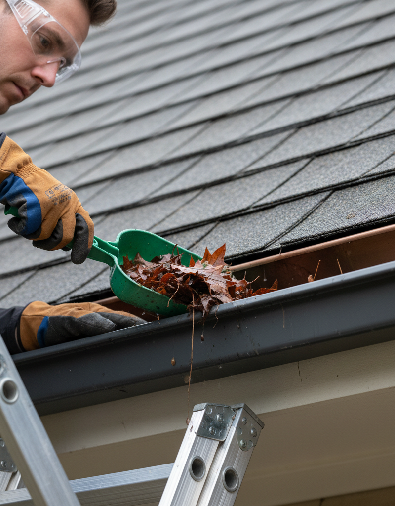 Homeowner carefully scooping wet leaves from a dark gutter with a tool, protecting roof.