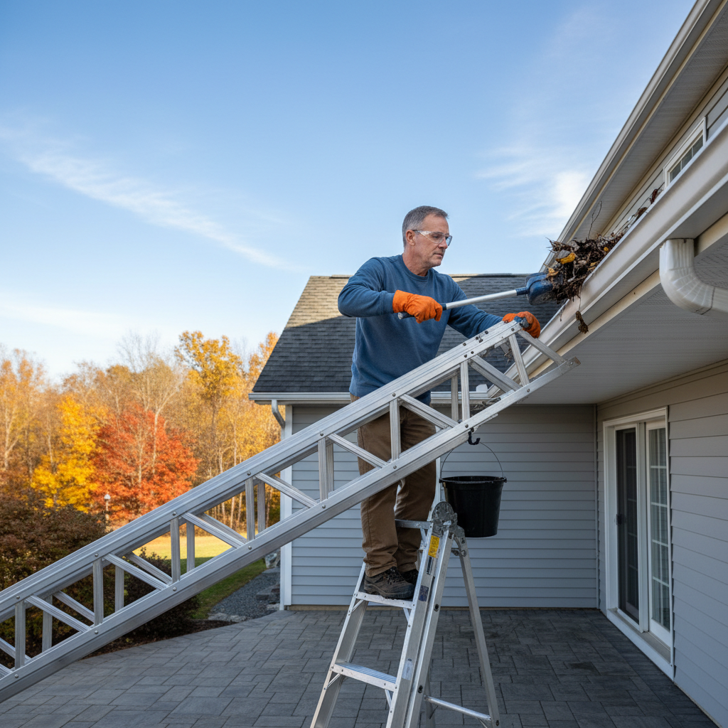 Homeowner safely cleaning clogged gutters with gloves and ladder to prevent roof damage