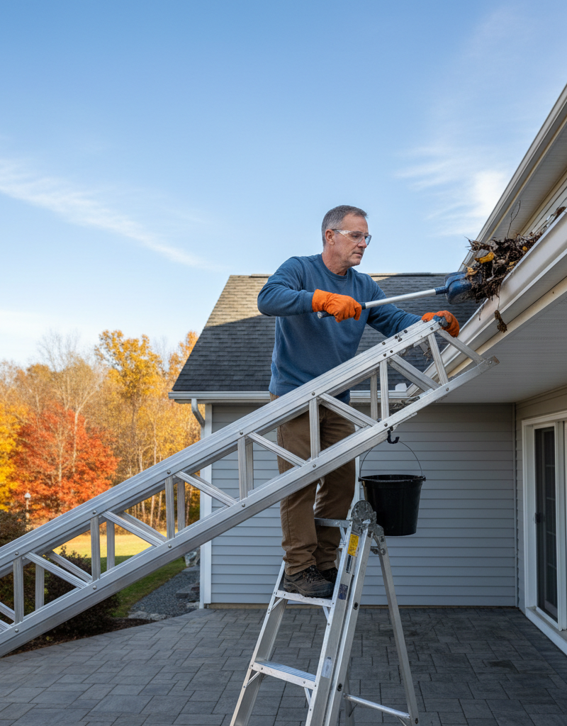 Homeowner safely cleaning clogged gutters with gloves and ladder to prevent roof damage