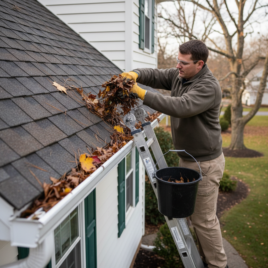 Homeowner safely cleaning clogged gutters to prevent roof damage
