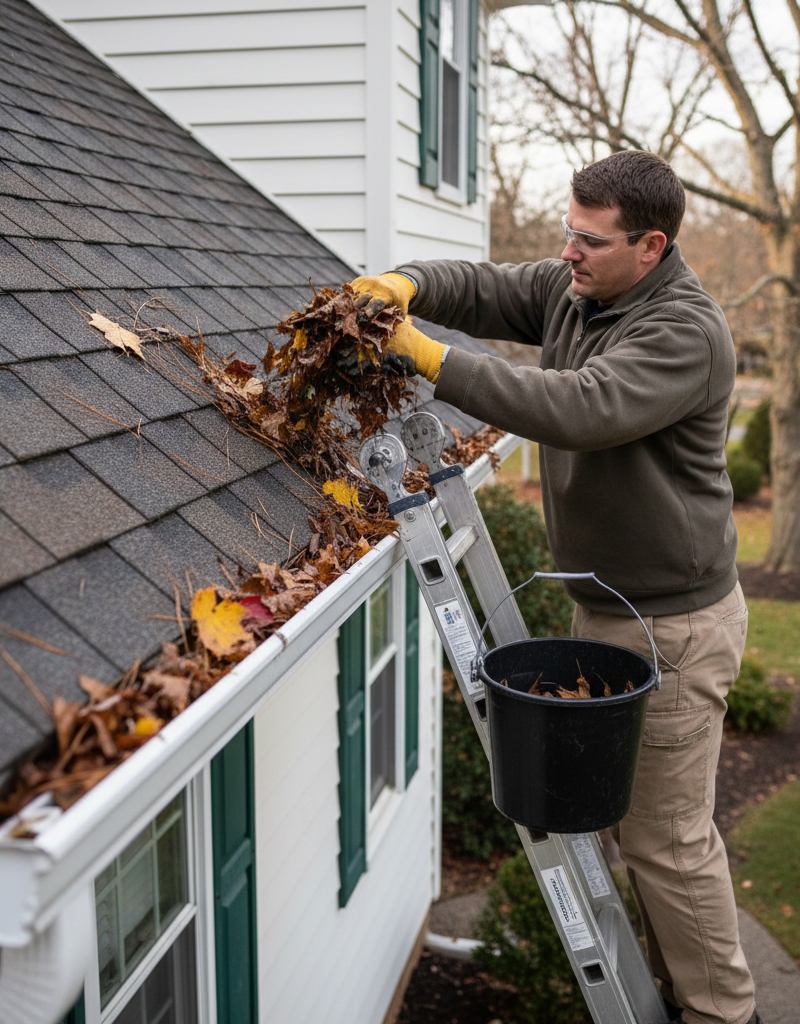 Homeowner safely cleaning clogged gutters to prevent roof damage
