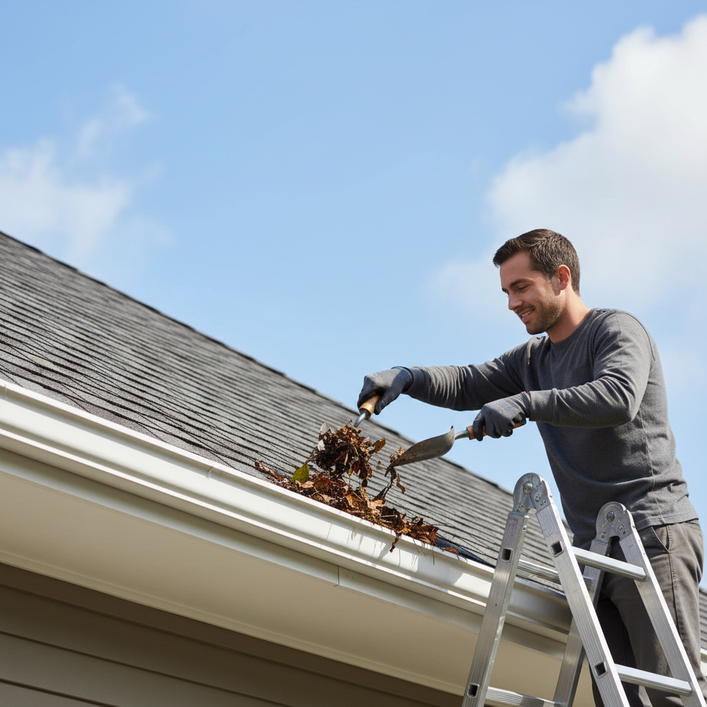 Homeowner on a ladder cleaning leaves and debris from a gutter to prevent roof damage