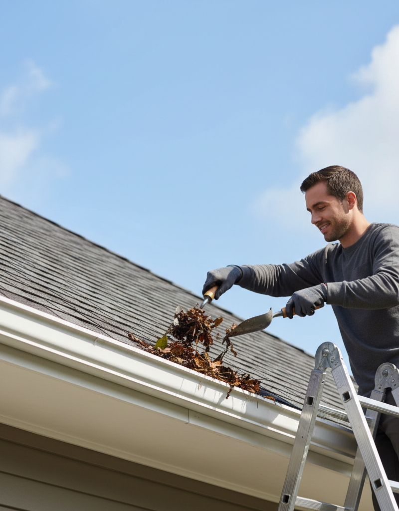 Homeowner on a ladder cleaning leaves and debris from a gutter to prevent roof damage