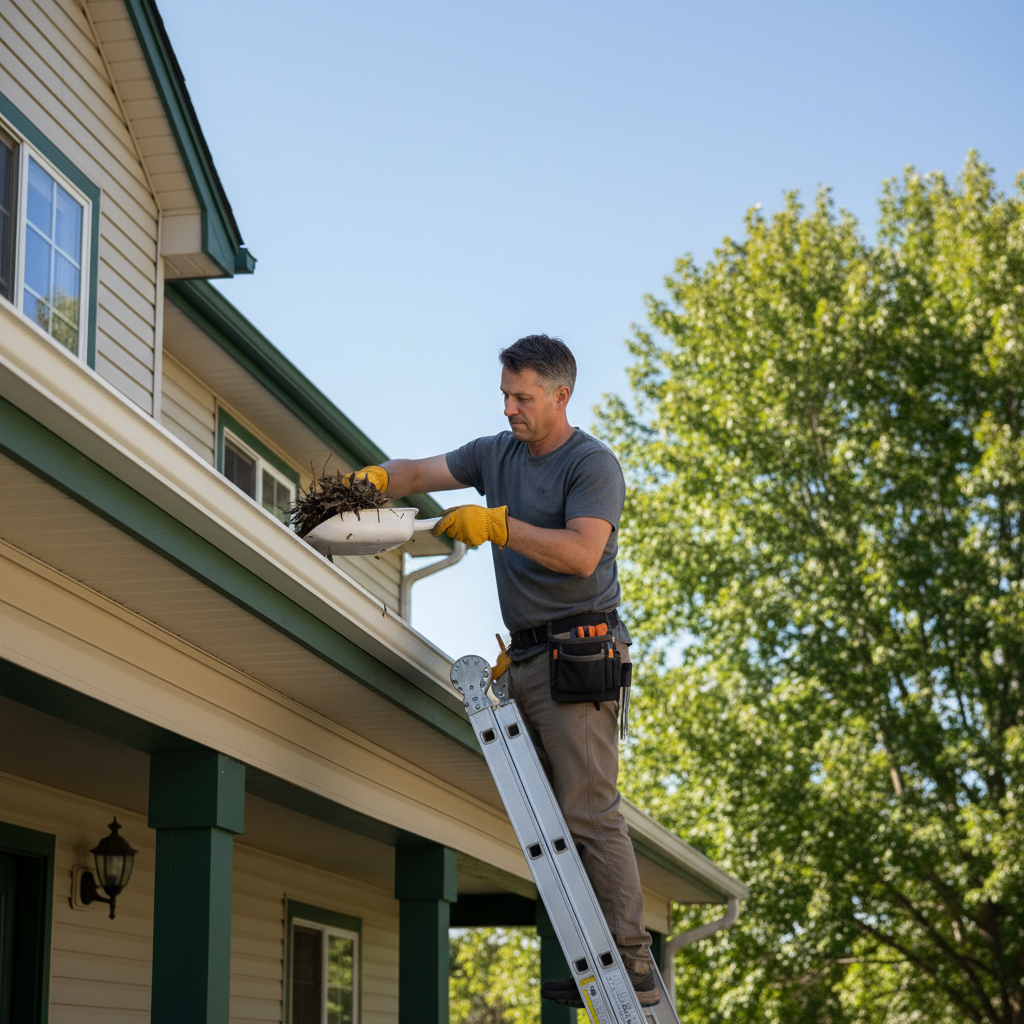 Homeowner cleaning leaves from gutters with a ladder and gloves, preventing roof damage.