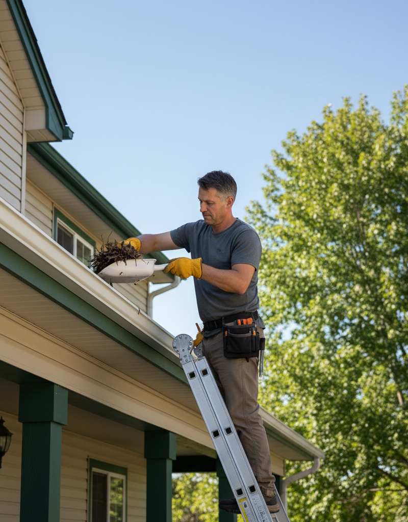 Homeowner cleaning leaves from gutters with a ladder and gloves, preventing roof damage.